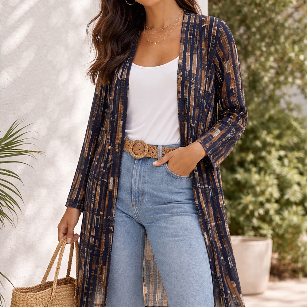 Women’s blue geometric print long cardigan kimono size M